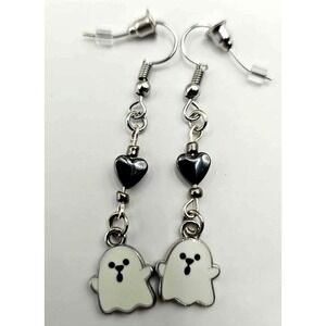 Ghost Earrings Dangle Drop Silver Tone Hematite Heart Halloween Cute Handmade
